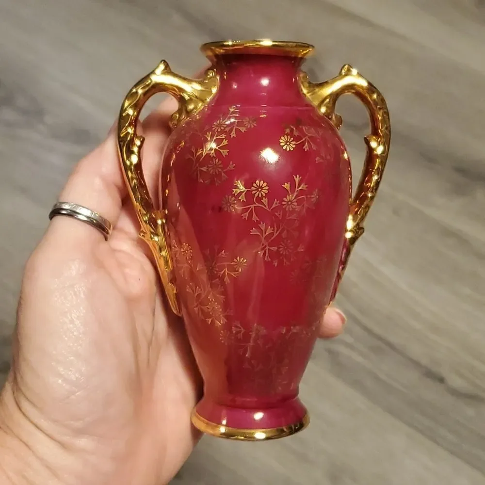 EUC Vintage German KPM Porcelain Maroon Floral Gold Rimmed Vase